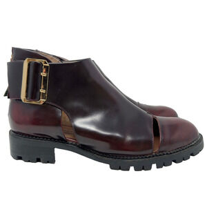Jeffrey Campbell Flamel Ankle Boots Women 10 Oxblood Cutout Lug Sole Gold Buckle